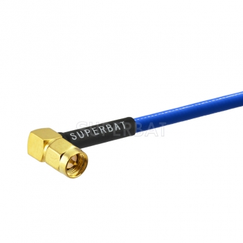 Custom RF Cable Assembly SMA Plug Right Angle pigtail cable Using RG402 .141" Tinned Copper Braid Outer Conductor and Blue FEP Jacket Coax Cable