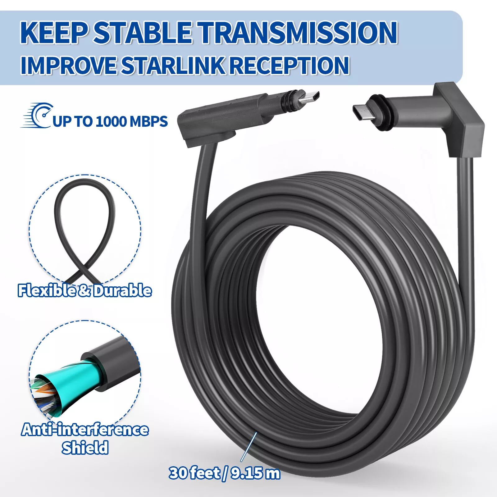 Starlink Standard Satellite V2 30 Ft Replacement Cable - with Cable Feed Through Bushings & Wire Clips - Starlink Extension Cables Accessories