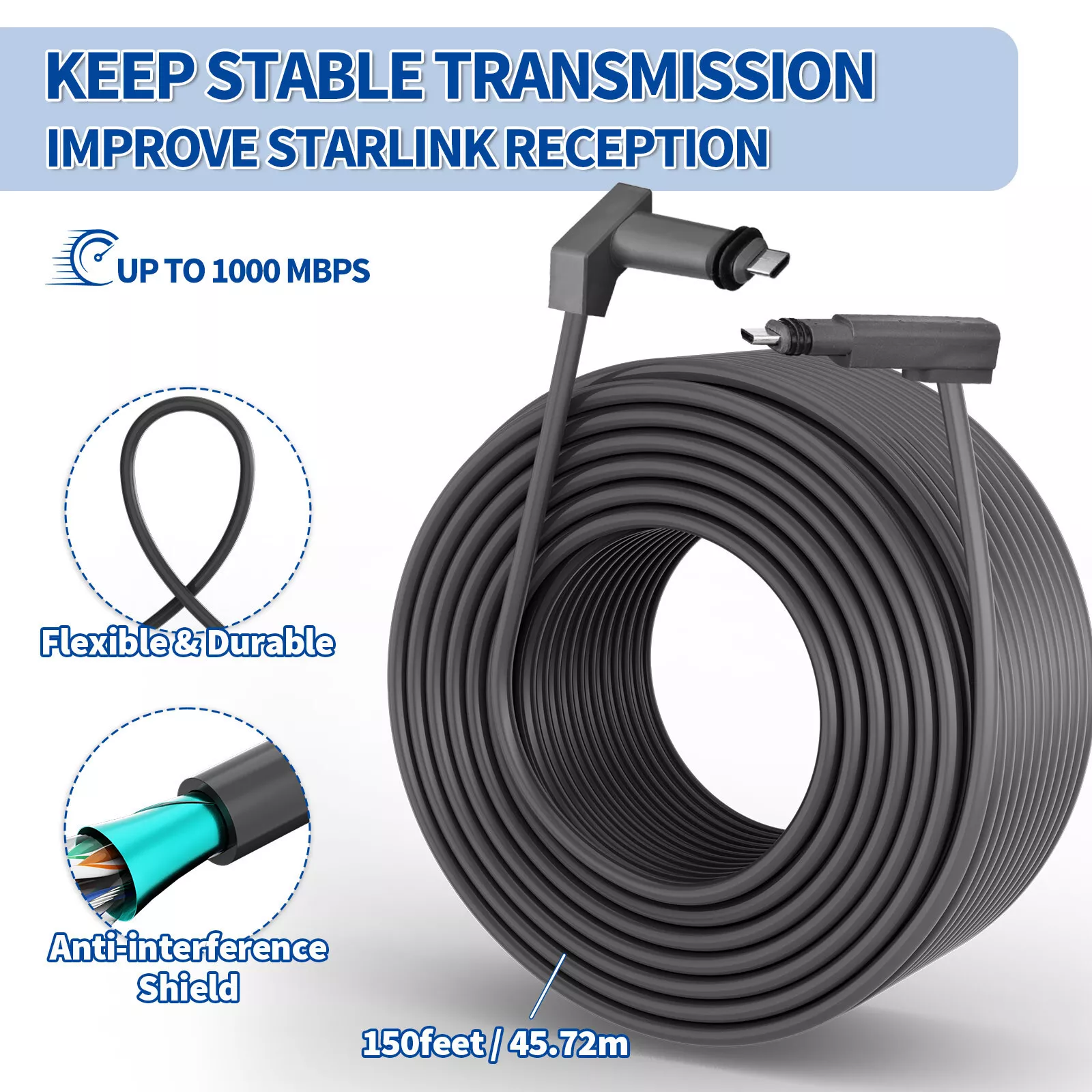 NEW 150 FT Internet Replacement Cable Line - For Starlink V2 Rectangle Dish