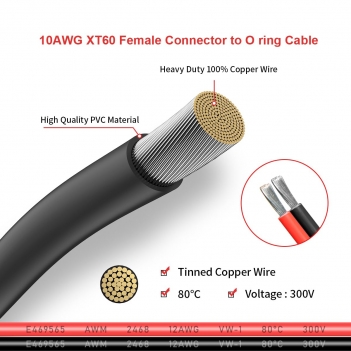 XT60 to O Ring Terminal Cable,10AWG XT60 Female to O Ring Connector Cable with Tinned Pure Wire for RC Battery Solar Portable Power Power Station and Solar Panel(2FT)