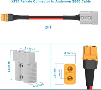 10AWG 2FT Anderson SB50 Battery Quick Connect/Disconnect to XT60 Female Cable SB50-XT60 Connector Cable for RC Battery Solar Panel and Solar Portable Power Station