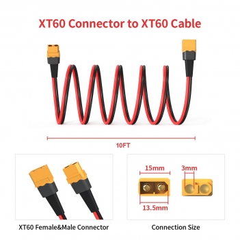 ELFCULB 10AWG 10FT XT60 Extension Cable  XT60 Female to Male Connector for RC Battery Portable Power Station Solar Panel(10FT)