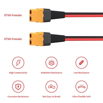 ELFCULB XT60 Female to Female Extension Cable 10AWG 2FT - Heavy Duty Power Cord for RC Cars, Batteries, and Portable Power Stations