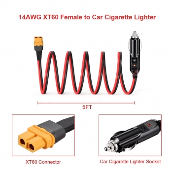 ELFCULB 14AWG XT60 Female to Car Cigarette Lighter 12V Cigarette Lighter Male Plug Connector Cable for Portable Power Station Solar Panel(5FT)