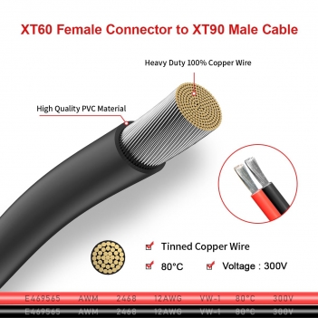 ELFCULB XT60 to XT90 Adapter Cable 10AWG XT60 Male to XT90 Female Connector Cable for RC Lipo Battery Drone(2FT)