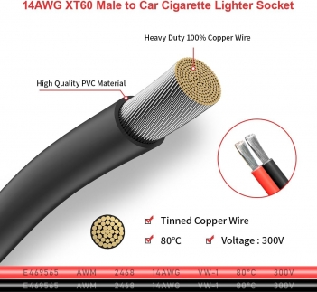ELFCULB XT60 Male to Car Cigarette Lighter 14AWG 12V Cigarette Lighter Male Plug Connector Cable for Portable Solar Generator Power Station(5FT)