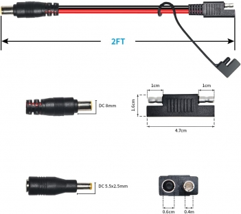 ELFCULB SAE Connector to DC8mm Male Adapter 14 AWG Extension Cable with DC 55mm*25mm Adapter and Polarity Reverse Adapter for Solar Panel Portable Power Station(2FT)