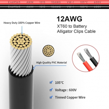ELFCULB XT60 to Alligator Clips,12AWG XT60 Female Connector Quick Disconnect Cable Compatible for RC Battery Portable Power Station Solar Panel(5FT)