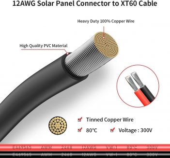 ELFCULB 12AWG 2FT XT60 Solar Cable XT60 Extension Cable Solar Panel Connector to XT60 Connector for Portable Power Station (2FT)
