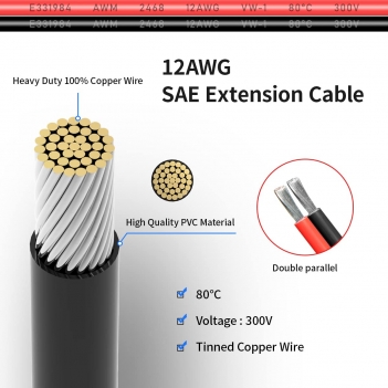 ELFCULB 12AWG 20FT SAE Extension Cable Quick Disconnect Wire Harness with SAE Connector for Automotive RV Battery Solar Panel