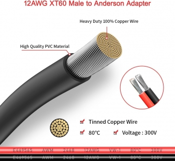ELFCULB XT60 to Anderson Adapter,12AWG XT60 Male to Anderson Connector Cable for Portable Power Station UAV RC Battery (2FT)