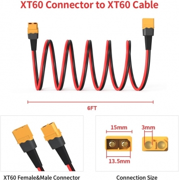 ELFCULB 12AWG 6FT XT60 Extension Cable  XT60 Female to Male Connector for RC Battery Portable Power Station Solar Panel(6FT)