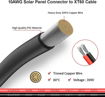ELFCULB 10AWG 10FT XT60 Solar Cable 2 10 25 35 50 75 100FT XT60 Extension Cable Solar Panel Connector to XT60 Connector for Portable Power Station (10FT)
